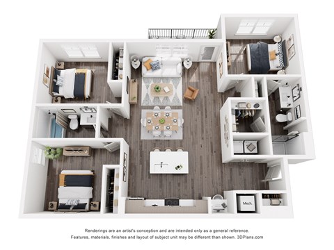Floor plan for 3 beds, 2 baths, 1362 sqft